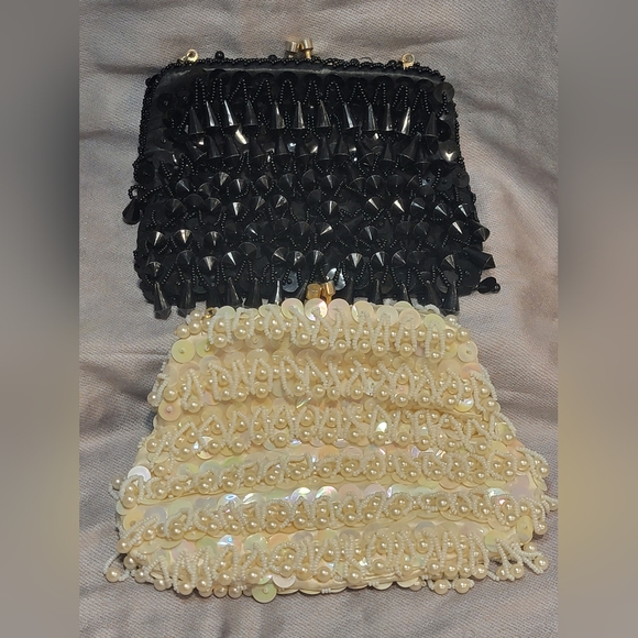 Two Vintage Evening Bags / Clutches Black/White Iridescent Beads & Handm… - Picture 1 of 16